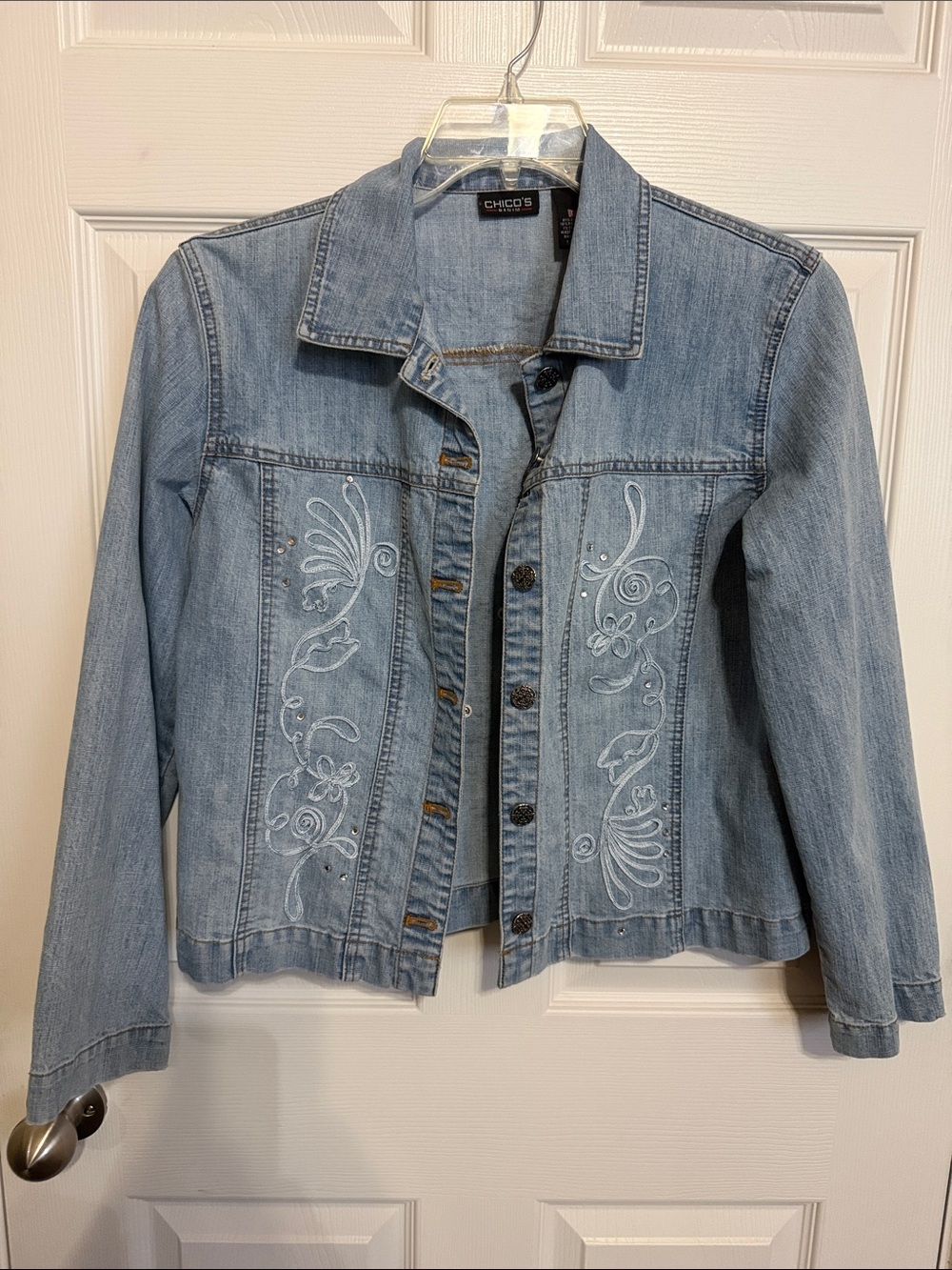 Chico's Light Blue Embroidered Denim Jacket - Picture 1 of 10